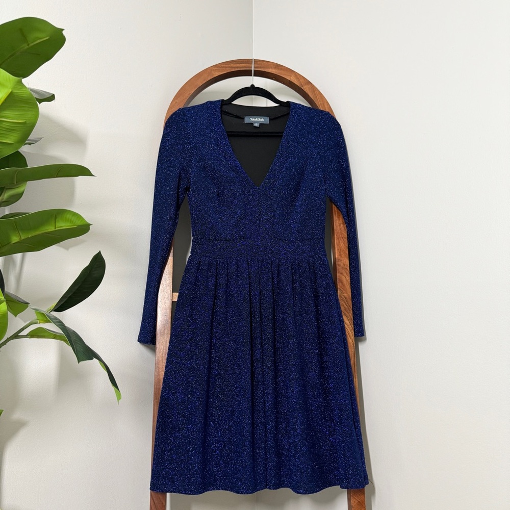ModCloth SMALL Blue Metallic Sparkle V Neck Fit Flare Long Sleeve Dress